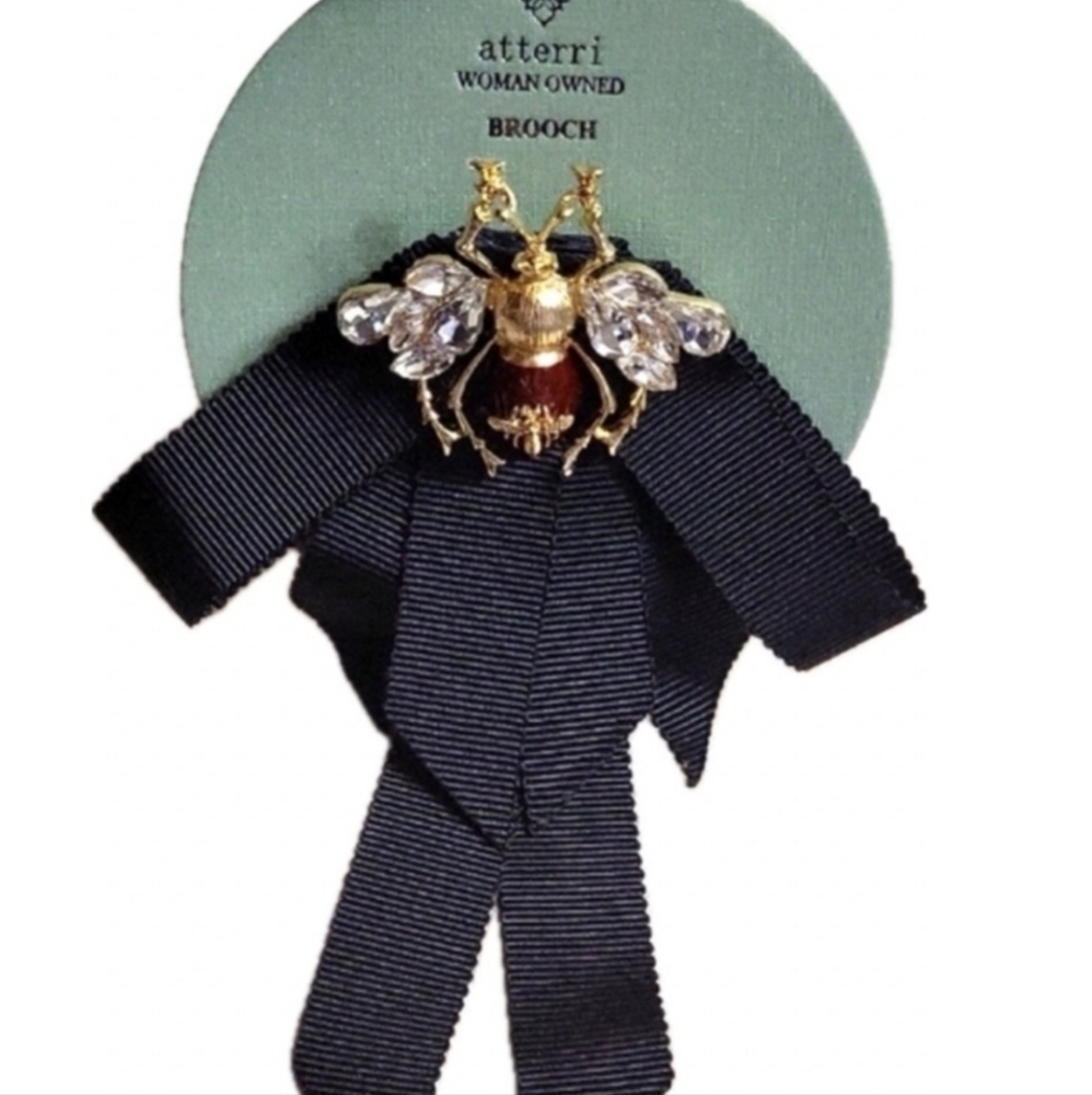 Atterri Beautiful Black Ribbon Brooch Crystal Bee Gold Tone
